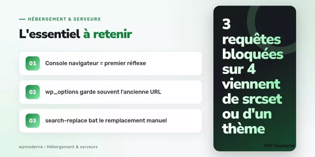 L'essentiel à retenir : Console navigateur = premier réflexe ; wp_options garde souvent l'ancienne URL ; search-replace bat le remplacement manuel