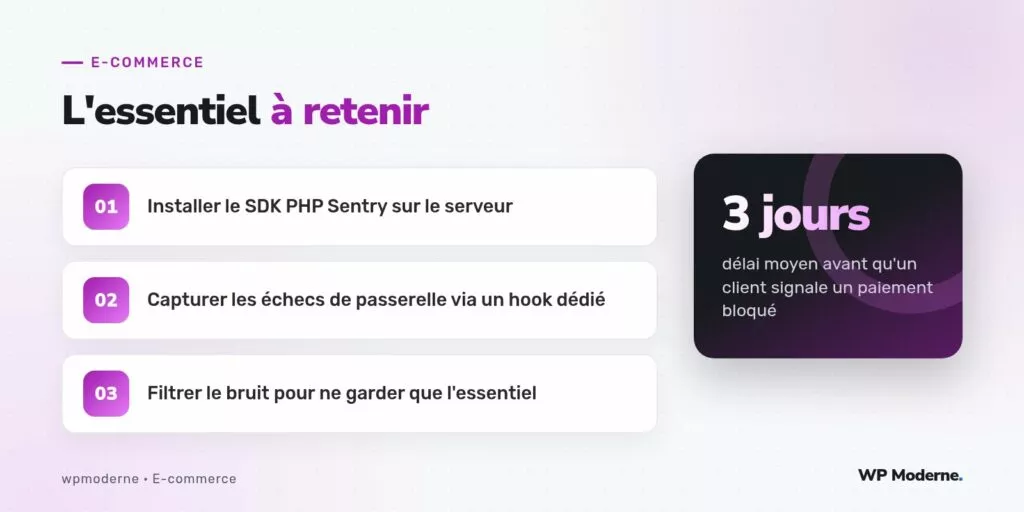 L'essentiel à retenir : Installer le SDK PHP Sentry sur le serveur ; Capturer les échecs de passerelle via un hook dédié ; Filtrer le bruit pour ne garder que l'essentiel