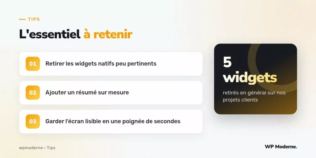 L'essentiel à retenir : Retirer les widgets natifs peu pertinents ; Ajouter un résumé sur mesure ; Garder l'écran lisible en une poignée de secondes