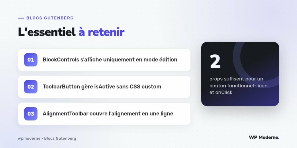 L'essentiel à retenir : BlockControls s'affiche uniquement en mode édition ; ToolbarButton gère isActive sans CSS custom ; AlignmentToolbar couvre l'alignement en une ligne