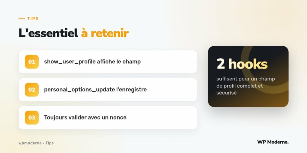L'essentiel à retenir : show_user_profile affiche le champ ; personal_options_update l'enregistre ; Toujours valider avec un nonce