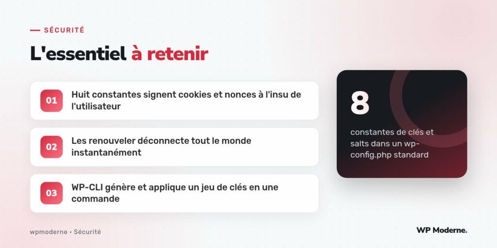 L'essentiel à retenir : Huit constantes signent cookies et nonces à l'insu de l'utilisateur ; Les renouveler déconnecte tout le monde instantanément ; WP-CLI génère et applique un jeu de clés en une commande
