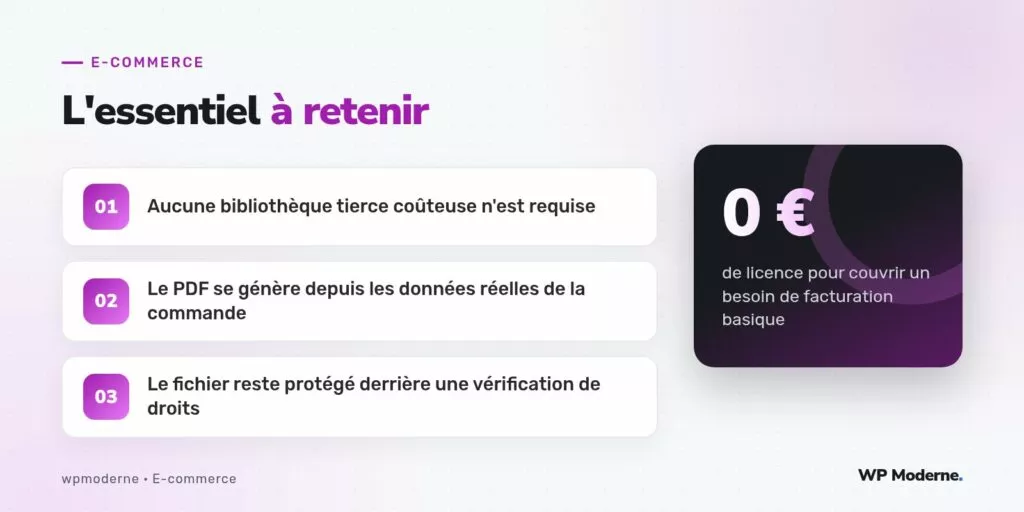 L'essentiel à retenir : Aucune bibliothèque tierce coûteuse n'est requise ; Le PDF se génère depuis les données réelles de la commande ; Le fichier reste protégé derrière une vérification de droits