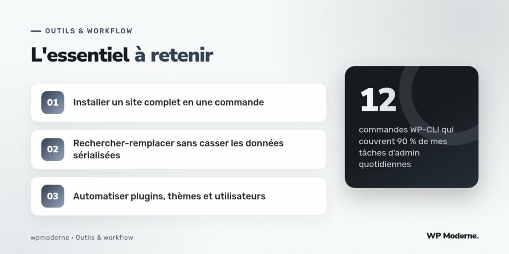 L'essentiel à retenir : Installer un site complet en une commande ; Rechercher-remplacer sans casser les données sérialisées ; Automatiser plugins, thèmes et utilisateurs
