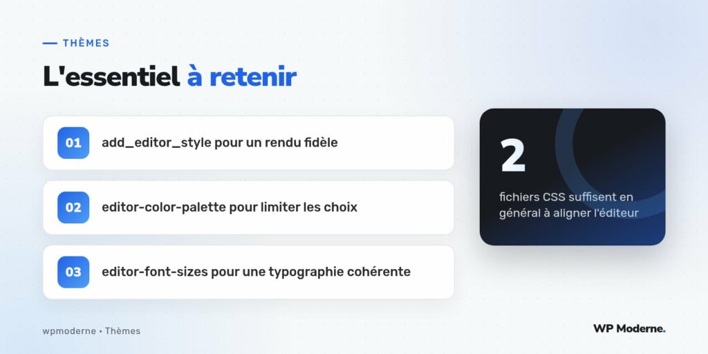 L'essentiel à retenir : add_editor_style pour un rendu fidèle ; editor-color-palette pour limiter les choix ; editor-font-sizes pour une typographie cohérente