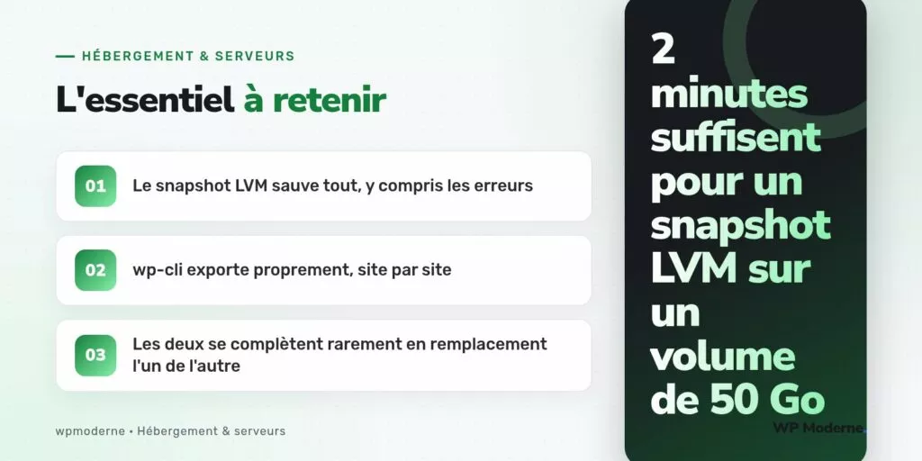 L'essentiel à retenir : Le snapshot LVM sauve tout, y compris les erreurs ; wp-cli exporte proprement, site par site ; Les deux se complètent rarement en remplacement l'un de l'autre