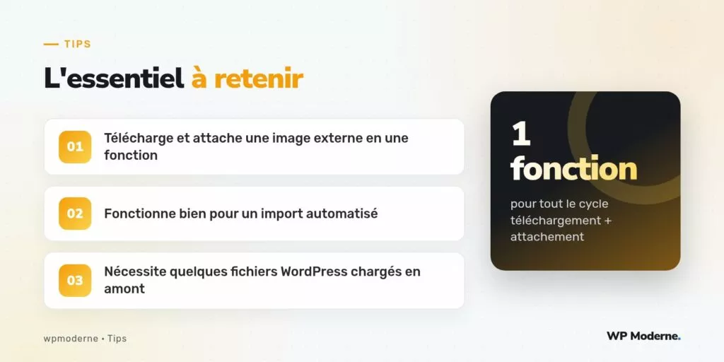 L'essentiel à retenir : Télécharge et attache une image externe en une fonction ; Fonctionne bien pour un import automatisé ; Nécessite quelques fichiers WordPress chargés en amont