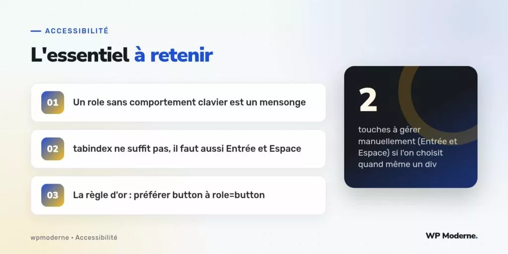 L'essentiel à retenir : Un role sans comportement clavier est un mensonge ; tabindex ne suffit pas, il faut aussi Entrée et Espace ; La règle d'or : préférer button à role=button