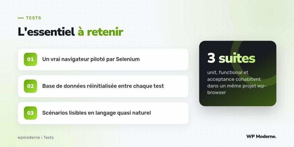 L'essentiel à retenir : Un vrai navigateur piloté par Selenium ; Base de données réinitialisée entre chaque test ; Scénarios lisibles en langage quasi naturel