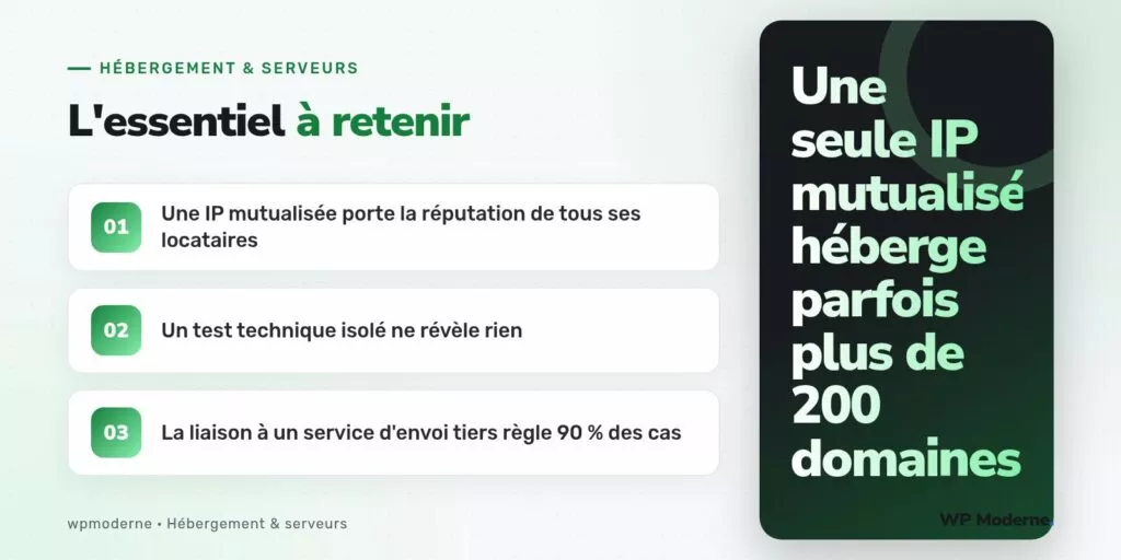 L'essentiel à retenir : Une IP mutualisée porte la réputation de tous ses locataires ; Un test technique isolé ne révèle rien ; La liaison à un service d'envoi tiers règle 90 % des cas