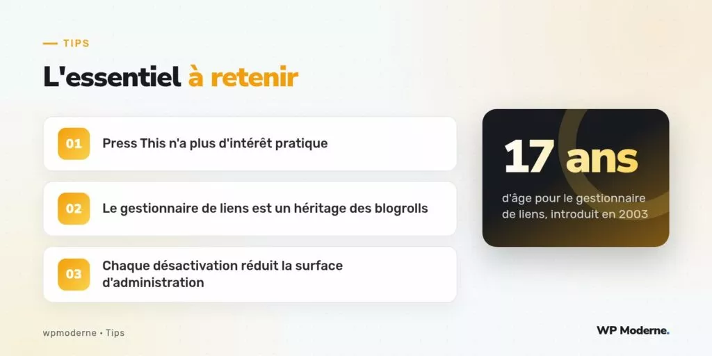 L'essentiel à retenir : Press This n'a plus d'intérêt pratique ; Le gestionnaire de liens est un héritage des blogrolls ; Chaque désactivation réduit la surface d'administration