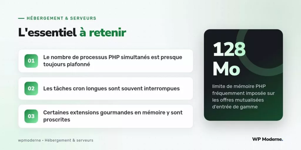 L'essentiel à retenir : Le nombre de processus PHP simultanés est presque toujours plafonné ; Les tâches cron longues sont souvent interrompues ; Certaines extensions gourmandes en mémoire y sont proscrites