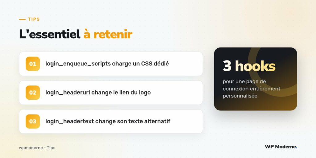 L'essentiel à retenir : login_enqueue_scripts charge un CSS dédié ; login_headerurl change le lien du logo ; login_headertext change son texte alternatif