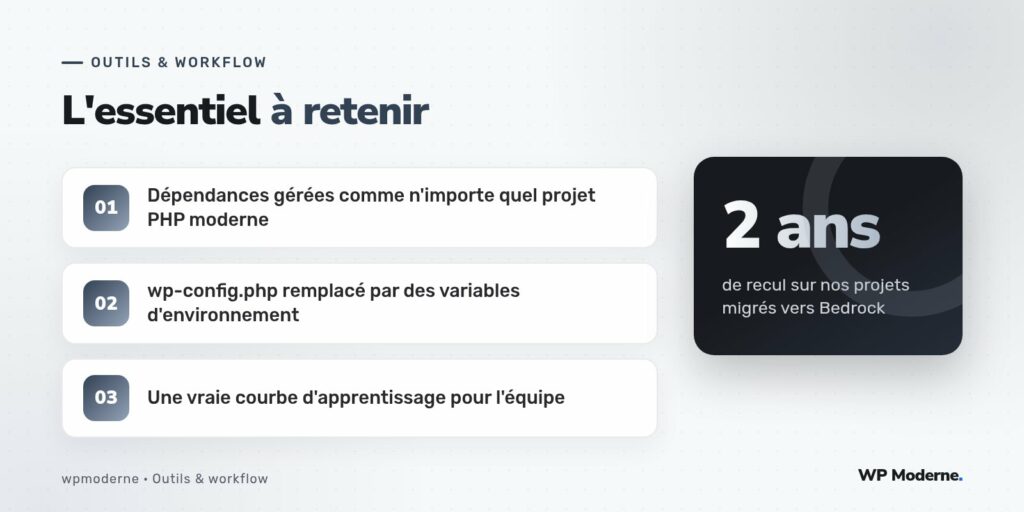 L'essentiel à retenir : Dépendances gérées comme n'importe quel projet PHP moderne ; wp-config.php remplacé par des variables d'environnement ; Une vraie courbe d'apprentissage pour l'équipe