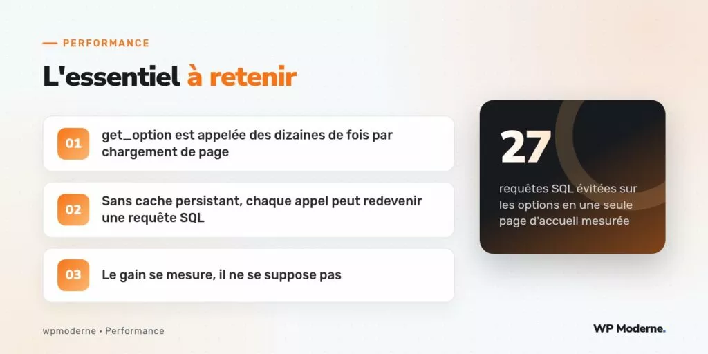 L'essentiel à retenir : get_option est appelée des dizaines de fois par chargement de page ; Sans cache persistant, chaque appel peut redevenir une requête SQL ; Le gain se mesure, il ne se suppose pas