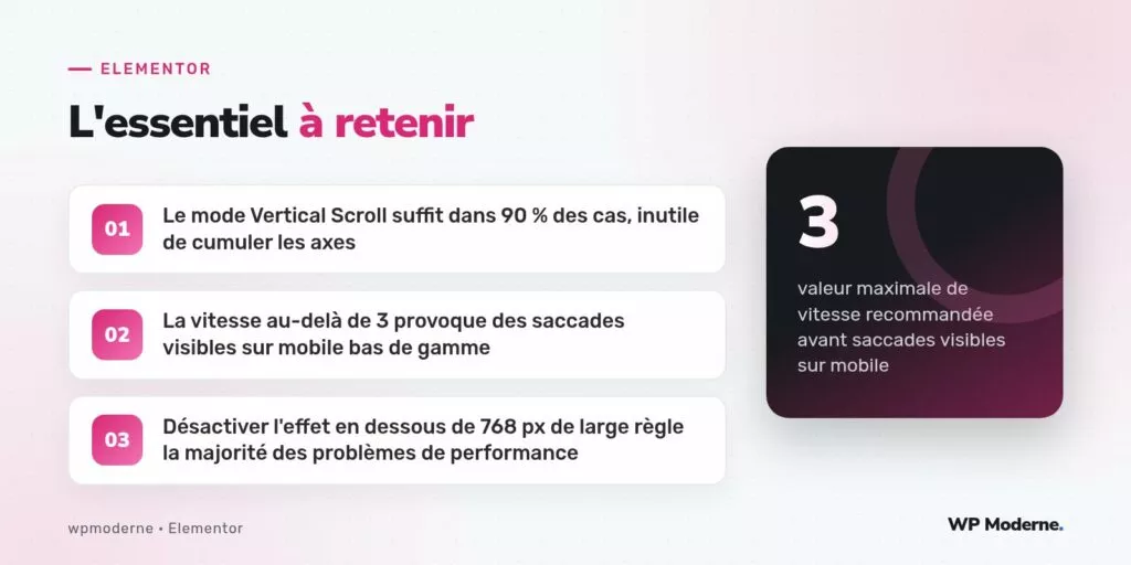 L'essentiel à retenir : Le mode Vertical Scroll suffit dans 90 % des cas, inutile de cumuler les axes ; La vitesse au-delà de 3 provoque des saccades visibles sur mobile bas de gamme ; Désactiver l'effet en dessous de 768 px de large règle la majorité des problèmes de performance