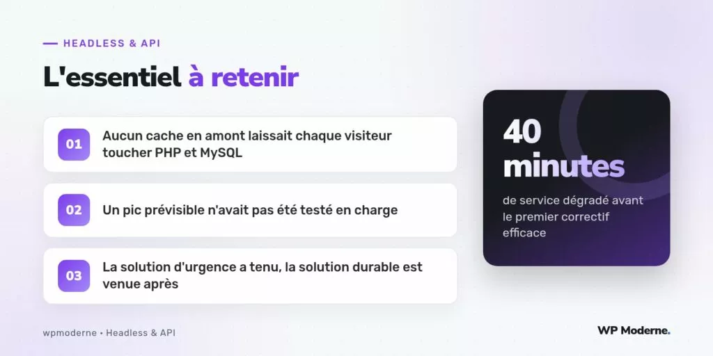 L'essentiel à retenir : Aucun cache en amont laissait chaque visiteur toucher PHP et MySQL ; Un pic prévisible n'avait pas été testé en charge ; La solution d'urgence a tenu, la solution durable est venue après