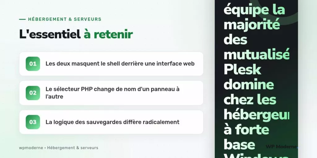 L'essentiel à retenir : Les deux masquent le shell derrière une interface web ; Le sélecteur PHP change de nom d'un panneau à l'autre ; La logique des sauvegardes diffère radicalement