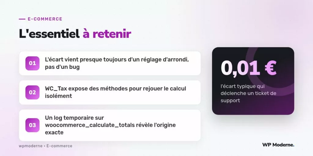 L'essentiel à retenir : L'écart vient presque toujours d'un réglage d'arrondi, pas d'un bug ; WC_Tax expose des méthodes pour rejouer le calcul isolément ; Un log temporaire sur woocommerce_calculate_totals révèle l'origine exacte