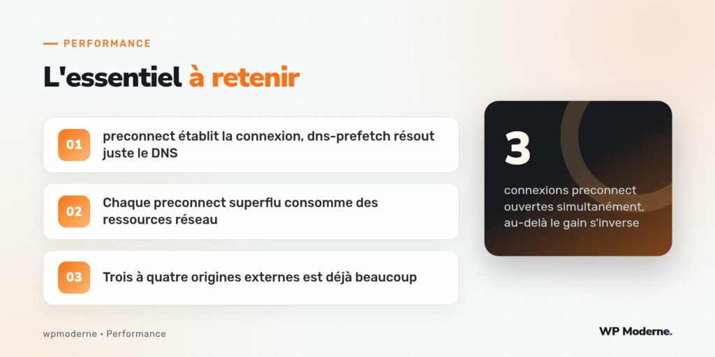 L'essentiel à retenir : preconnect établit la connexion, dns-prefetch résout juste le DNS ; Chaque preconnect superflu consomme des ressources réseau ; Trois à quatre origines externes est déjà beaucoup