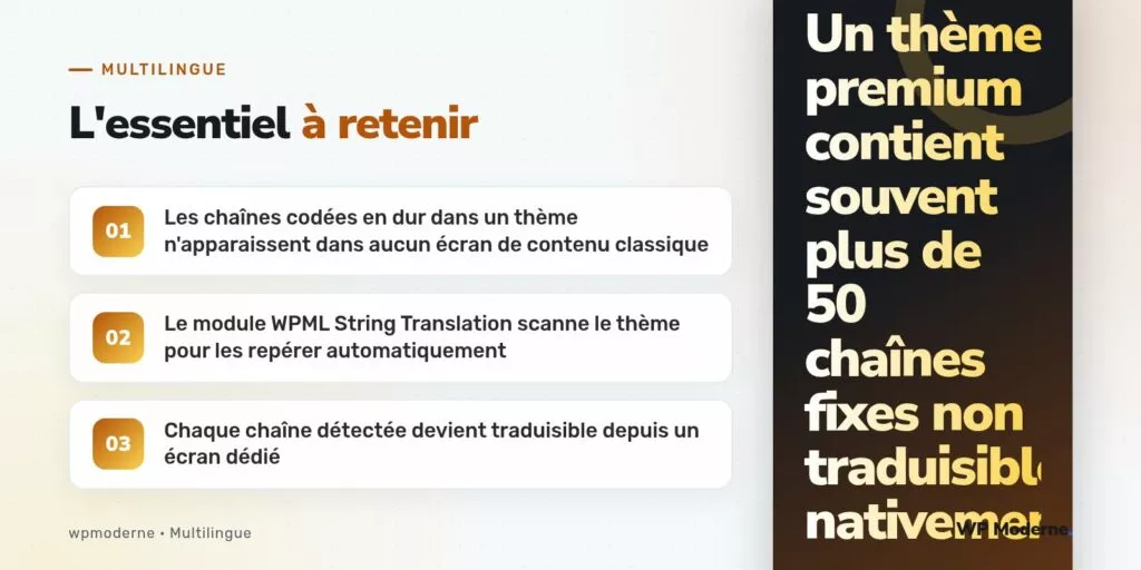 L'essentiel à retenir : Les chaînes codées en dur dans un thème n'apparaissent dans aucun écran de contenu classique ; Le module WPML String Translation scanne le thème pour les repérer automatiquement ; Chaque chaîne détectée devient traduisible depuis un écran dédié