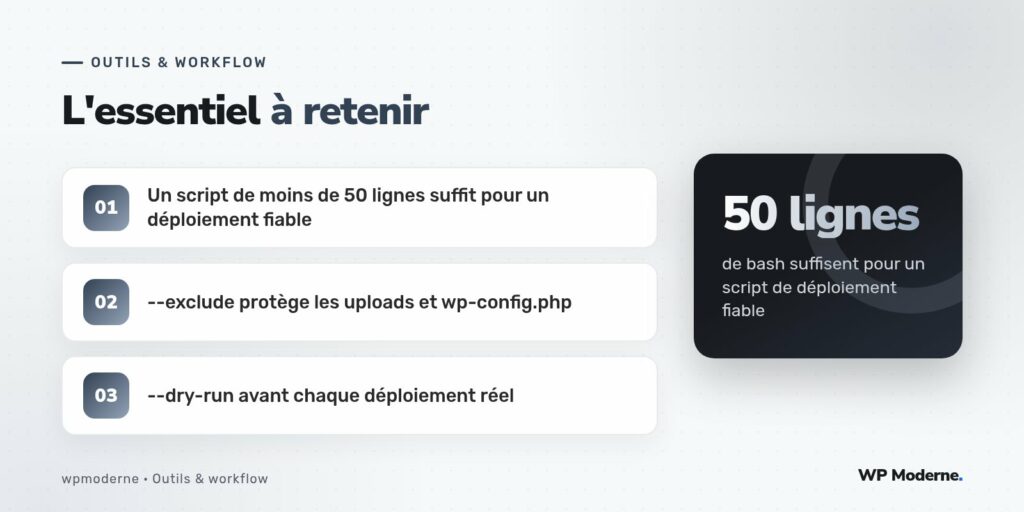 L'essentiel à retenir : Un script de moins de 50 lignes suffit pour un déploiement fiable ; --exclude protège les uploads et wp-config.php ; --dry-run avant chaque déploiement réel
