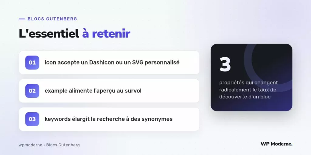 L'essentiel à retenir : icon accepte un Dashicon ou un SVG personnalisé ; example alimente l'aperçu au survol ; keywords élargit la recherche à des synonymes