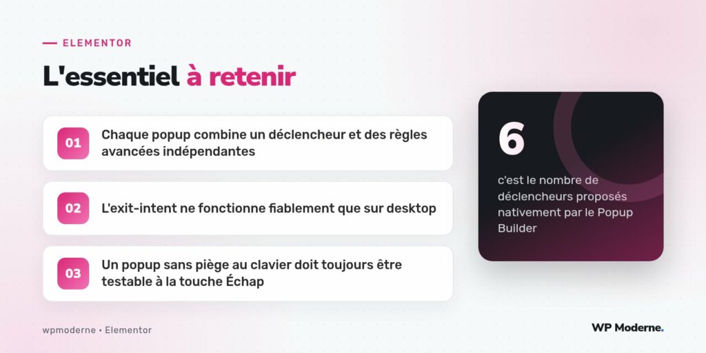 L'essentiel à retenir : Chaque popup combine un déclencheur et des règles avancées indépendantes ; L'exit-intent ne fonctionne fiablement que sur desktop ; Un popup sans piège au clavier doit toujours être testable à la touche Échap