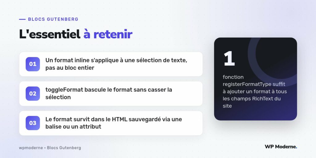 L'essentiel à retenir : Un format inline s'applique à une sélection de texte, pas au bloc entier ; toggleFormat bascule le format sans casser la sélection ; Le format survit dans le HTML sauvegardé via une balise ou un attribut