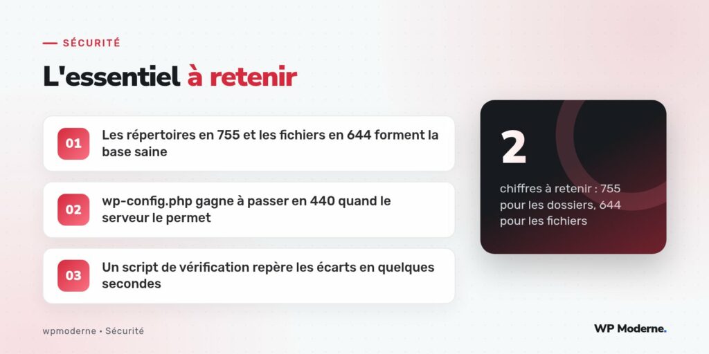 L'essentiel à retenir : Les répertoires en 755 et les fichiers en 644 forment la base saine ; wp-config.php gagne à passer en 440 quand le serveur le permet ; Un script de vérification repère les écarts en quelques secondes