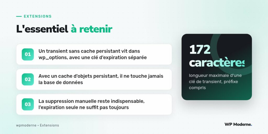 L'essentiel à retenir : Un transient sans cache persistant vit dans wp_options, avec une clé d'expiration séparée ; Avec un cache d'objets persistant, il ne touche jamais la base de données ; La suppression manuelle reste indispensable, l'expiration seule ne suffit pas toujours