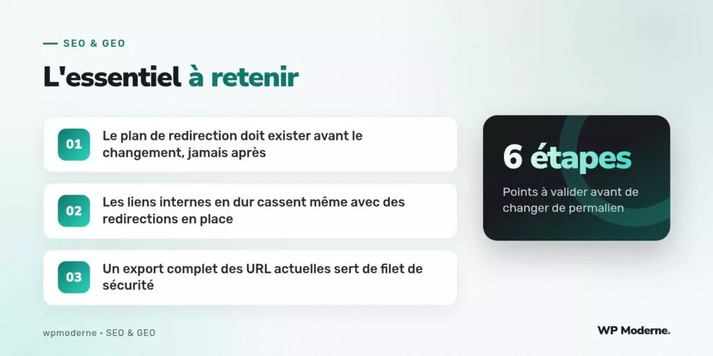 L'essentiel à retenir : Le plan de redirection doit exister avant le changement, jamais après ; Les liens internes en dur cassent même avec des redirections en place ; Un export complet des URL actuelles sert de filet de sécurité