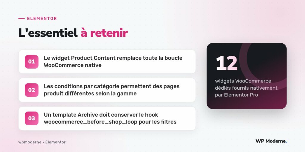 L'essentiel à retenir : Le widget Product Content remplace toute la boucle WooCommerce native ; Les conditions par catégorie permettent des pages produit différentes selon la gamme ; Un template Archive doit conserver le hook woocommerce_before_shop_loop pour les filtres