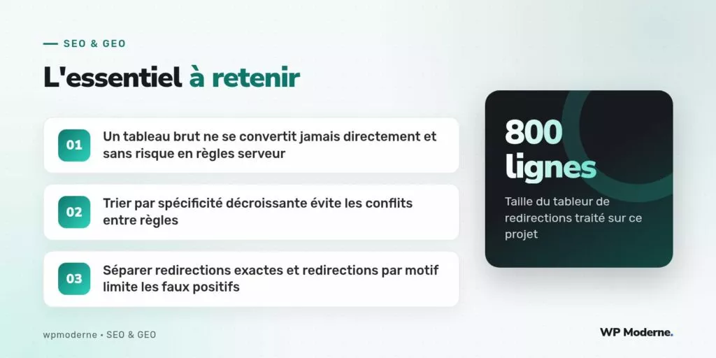 L'essentiel à retenir : Un tableau brut ne se convertit jamais directement et sans risque en règles serveur ; Trier par spécificité décroissante évite les conflits entre règles ; Séparer redirections exactes et redirections par motif limite les faux positifs