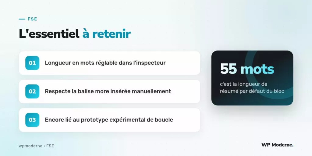 L'essentiel à retenir : Longueur en mots réglable dans l'inspecteur ; Respecte la balise more insérée manuellement ; Encore lié au prototype expérimental de boucle