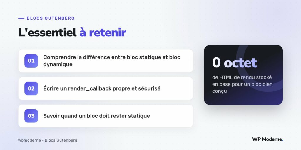 L'essentiel à retenir : Comprendre la différence entre bloc statique et bloc dynamique ; Écrire un render_callback propre et sécurisé ; Savoir quand un bloc doit rester statique