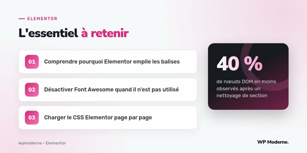 L'essentiel à retenir : Comprendre pourquoi Elementor empile les balises ; Désactiver Font Awesome quand il n'est pas utilisé ; Charger le CSS Elementor page par page
