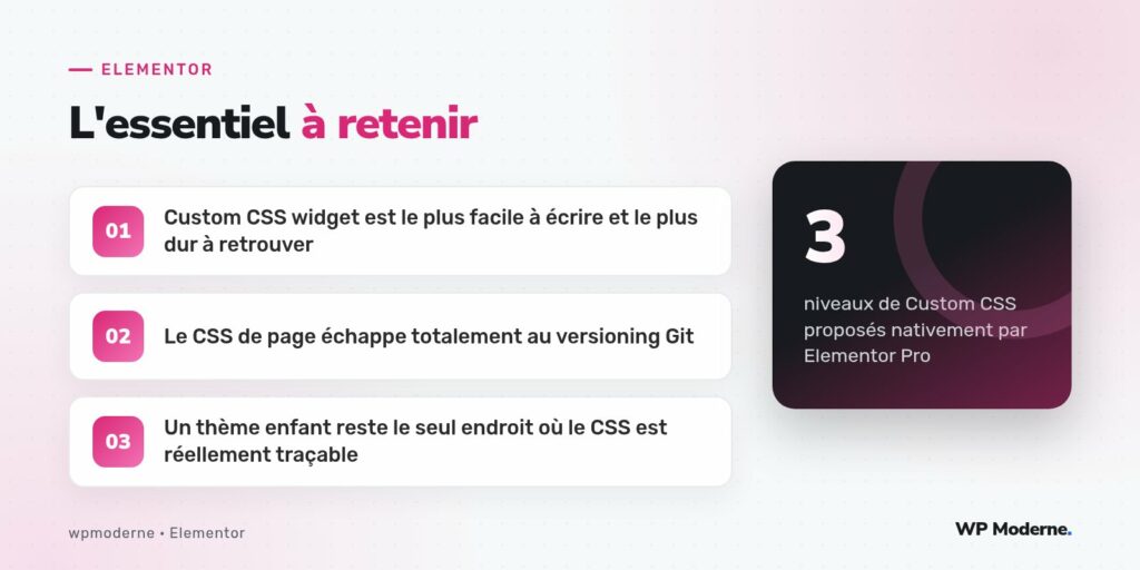 L'essentiel à retenir : Custom CSS widget est le plus facile à écrire et le plus dur à retrouver ; Le CSS de page échappe totalement au versioning Git ; Un thème enfant reste le seul endroit où le CSS est réellement traçable