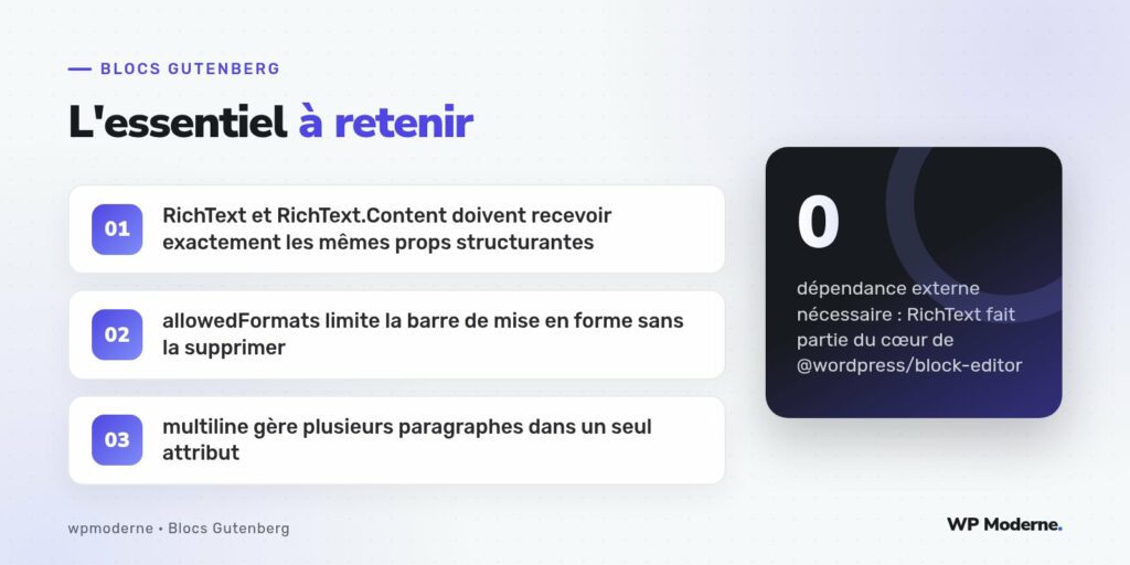 L'essentiel à retenir : RichText et RichText.Content doivent recevoir exactement les mêmes props structurantes ; allowedFormats limite la barre de mise en forme sans la supprimer ; multiline gère plusieurs paragraphes dans un seul attribut