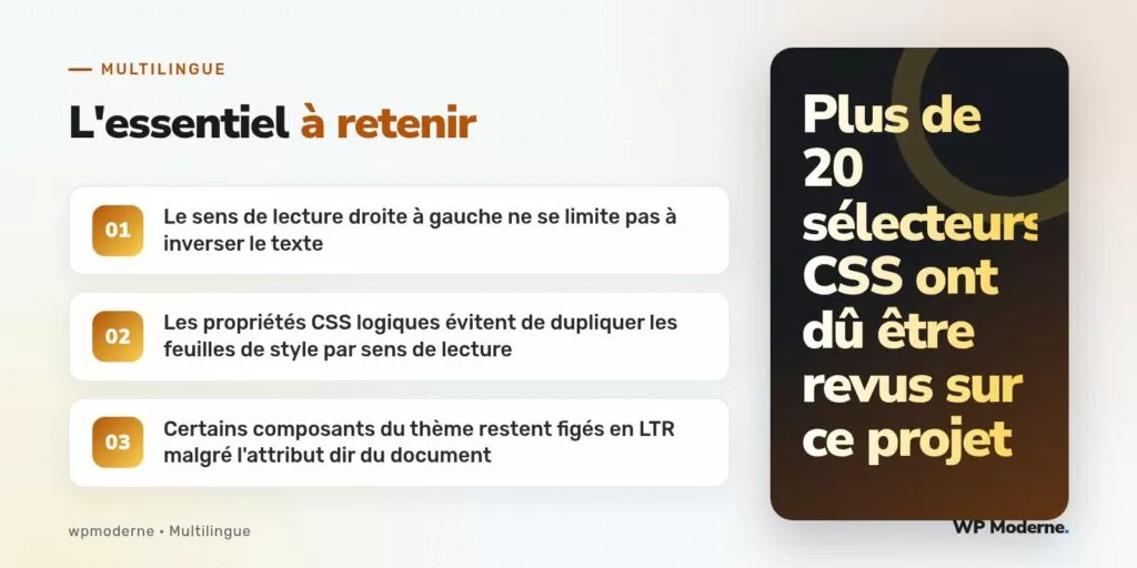 L'essentiel à retenir : Le sens de lecture droite à gauche ne se limite pas à inverser le texte ; Les propriétés CSS logiques évitent de dupliquer les feuilles de style par sens de lecture ; Certains composants du thème restent figés en LTR malgré l'attribut dir du document