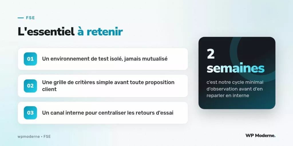 L'essentiel à retenir : Un environnement de test isolé, jamais mutualisé ; Une grille de critères simple avant toute proposition client ; Un canal interne pour centraliser les retours d'essai