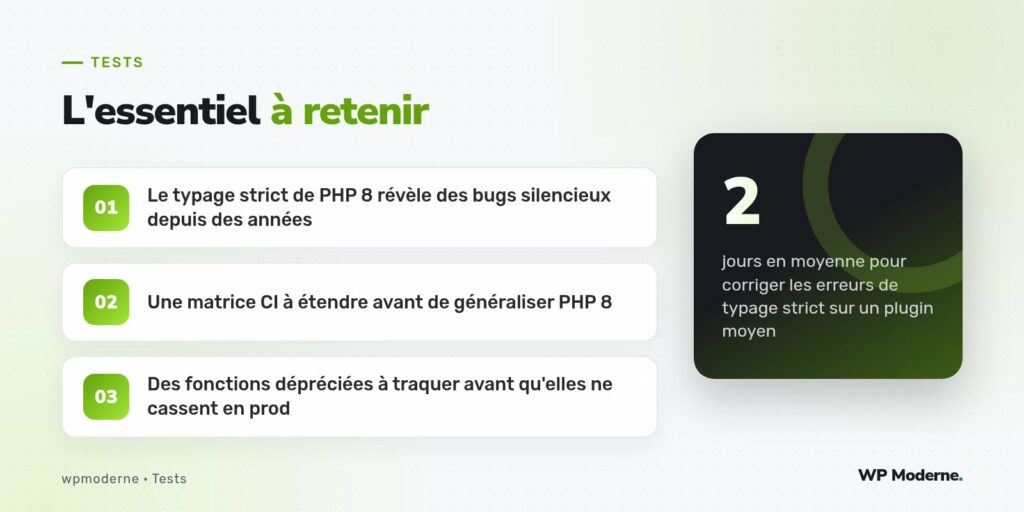 L'essentiel à retenir : Le typage strict de PHP 8 révèle des bugs silencieux depuis des années ; Une matrice CI à étendre avant de généraliser PHP 8 ; Des fonctions dépréciées à traquer avant qu'elles ne cassent en prod