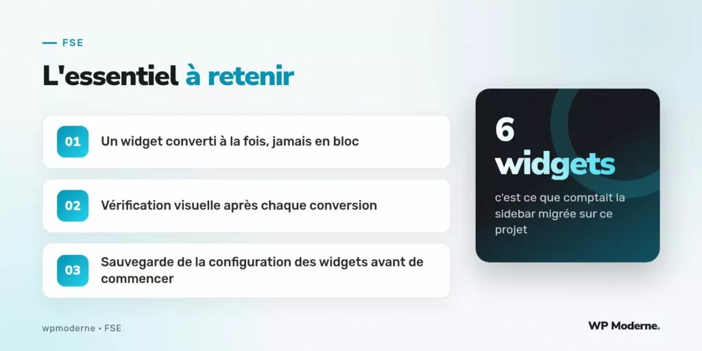 L'essentiel à retenir : Un widget converti à la fois, jamais en bloc ; Vérification visuelle après chaque conversion ; Sauvegarde de la configuration des widgets avant de commencer