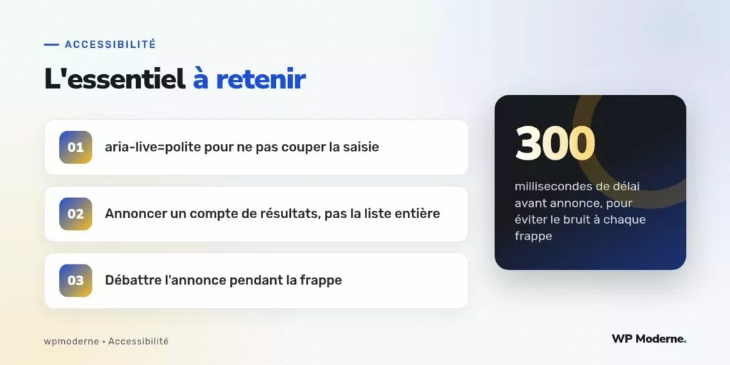 L'essentiel à retenir : aria-live=polite pour ne pas couper la saisie ; Annoncer un compte de résultats, pas la liste entière ; Débattre l'annonce pendant la frappe