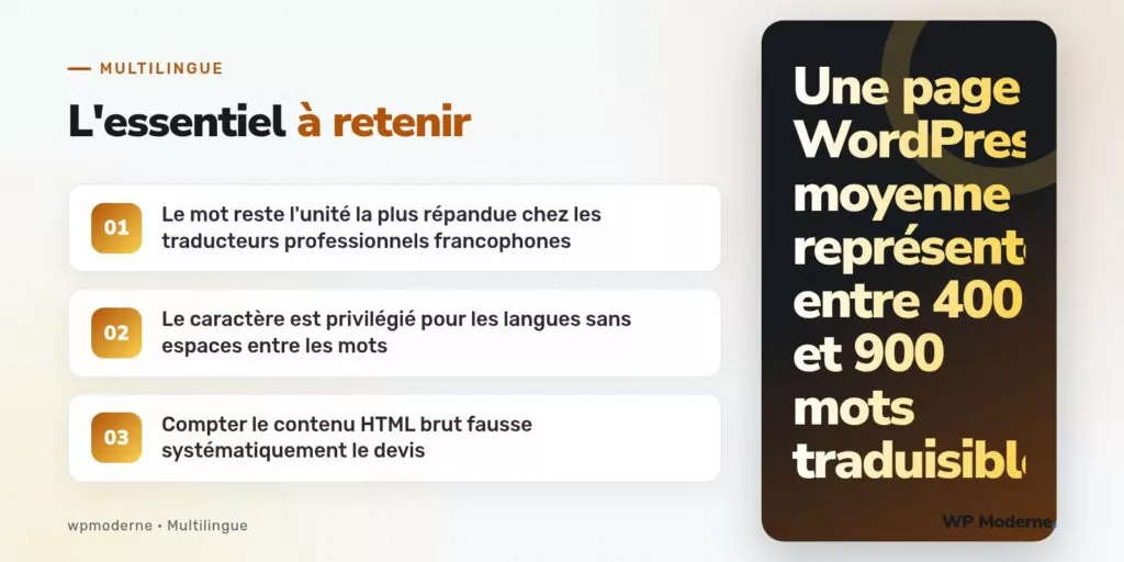 L'essentiel à retenir : Le mot reste l'unité la plus répandue chez les traducteurs professionnels francophones ; Le caractère est privilégié pour les langues sans espaces entre les mots ; Compter le contenu HTML brut fausse systématiquement le devis