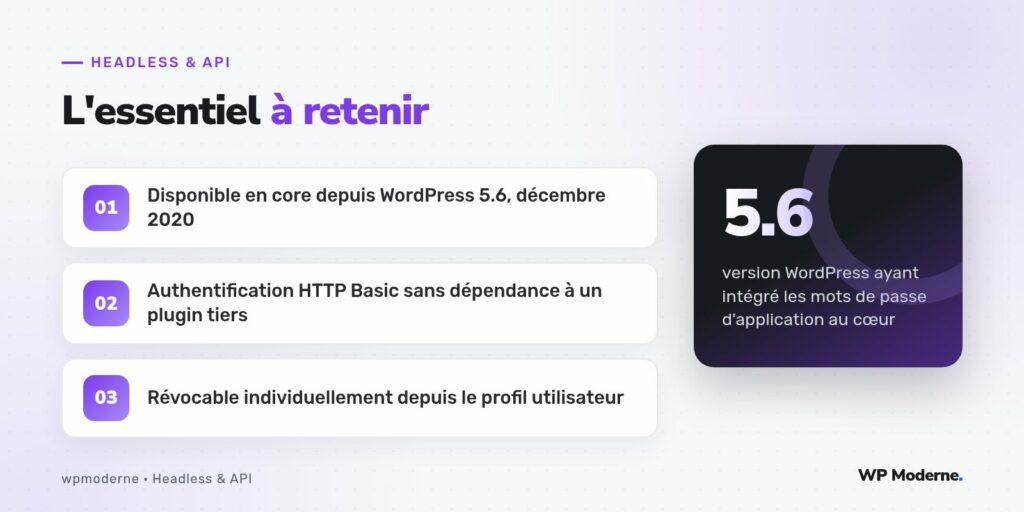 L'essentiel à retenir : Disponible en core depuis WordPress 5.6, décembre 2020 ; Authentification HTTP Basic sans dépendance à un plugin tiers ; Révocable individuellement depuis le profil utilisateur