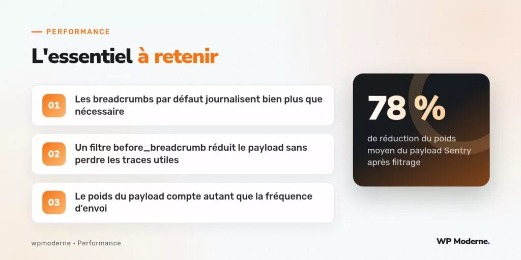 L'essentiel à retenir : Les breadcrumbs par défaut journalisent bien plus que nécessaire ; Un filtre before_breadcrumb réduit le payload sans perdre les traces utiles ; Le poids du payload compte autant que la fréquence d'envoi