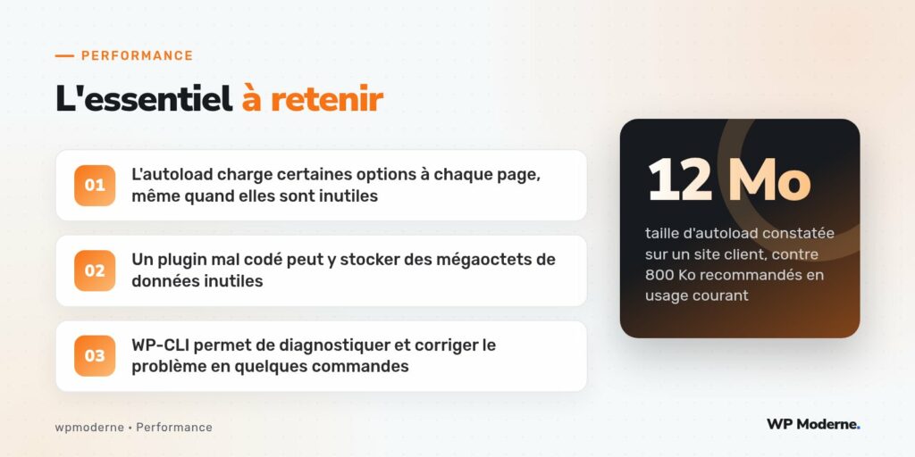 L'essentiel à retenir : L'autoload charge certaines options à chaque page, même quand elles sont inutiles ; Un plugin mal codé peut y stocker des mégaoctets de données inutiles ; WP-CLI permet de diagnostiquer et corriger le problème en quelques commandes