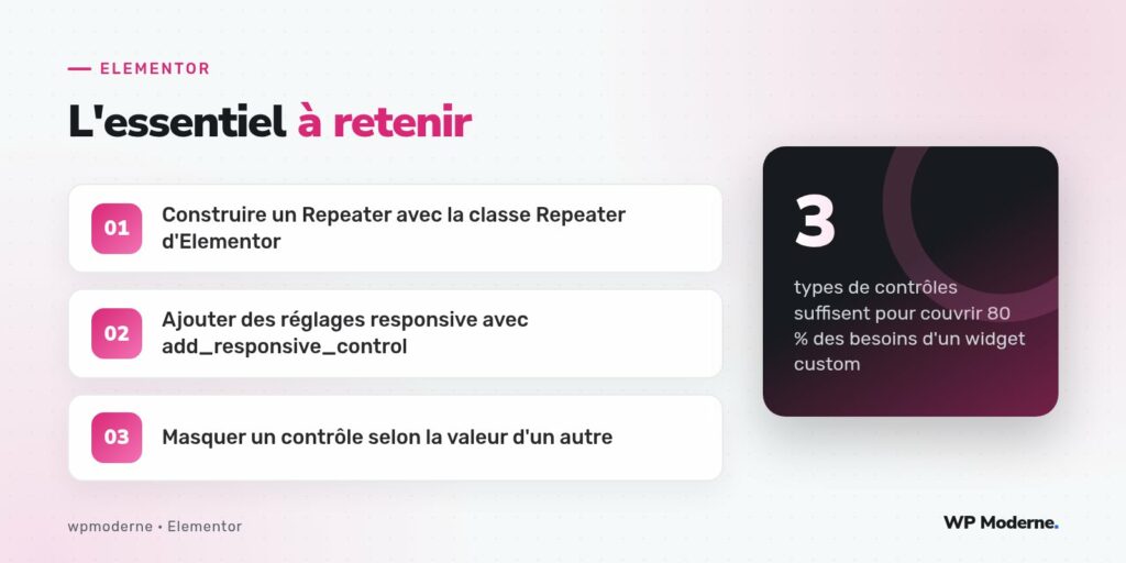 L'essentiel à retenir : Construire un Repeater avec la classe Repeater d'Elementor ; Ajouter des réglages responsive avec add_responsive_control ; Masquer un contrôle selon la valeur d'un autre