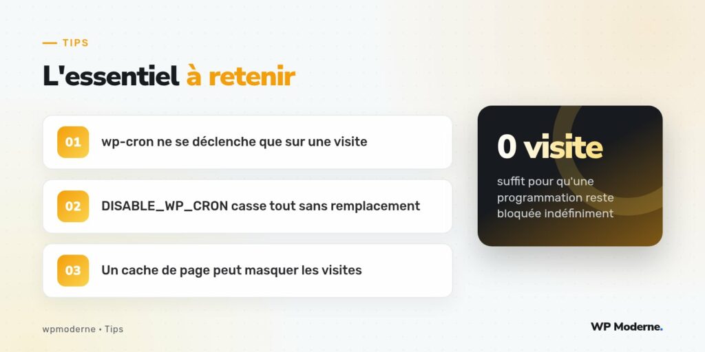 L'essentiel à retenir : wp-cron ne se déclenche que sur une visite ; DISABLE_WP_CRON casse tout sans remplacement ; Un cache de page peut masquer les visites